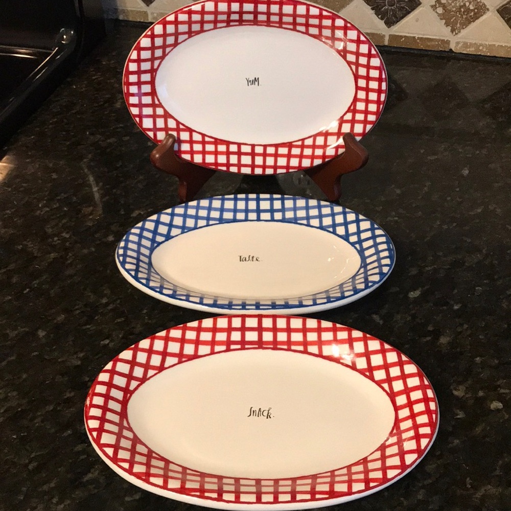 Rae Dunn Set of 3 Gingham Stripped Ovals Red& Blue
